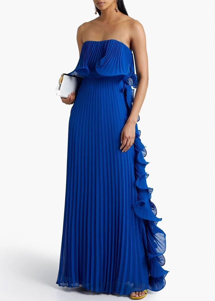 Style Green Ruffled Wrinkled Patchwork Chiffon Strapless Long Dress