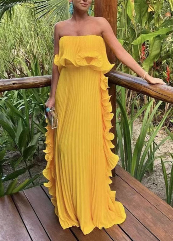 Style Green Ruffled Wrinkled Patchwork Chiffon Strapless Long Dress
