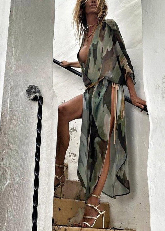 Style Green Striped Side Open Cotton Long Cardigan Summer