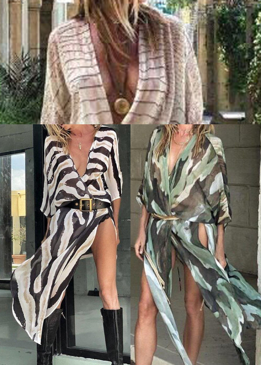 Style Green Striped Side Open Cotton Long Cardigan Summer