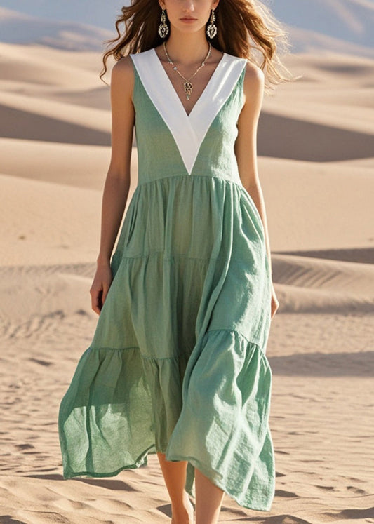Style Green V Neck Patchwork Cotton Holiday Dress Sleeveless
