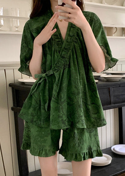 Style Green V Neck Print Pajama Set