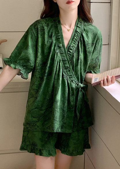 Style Green V Neck Print Pajama Set