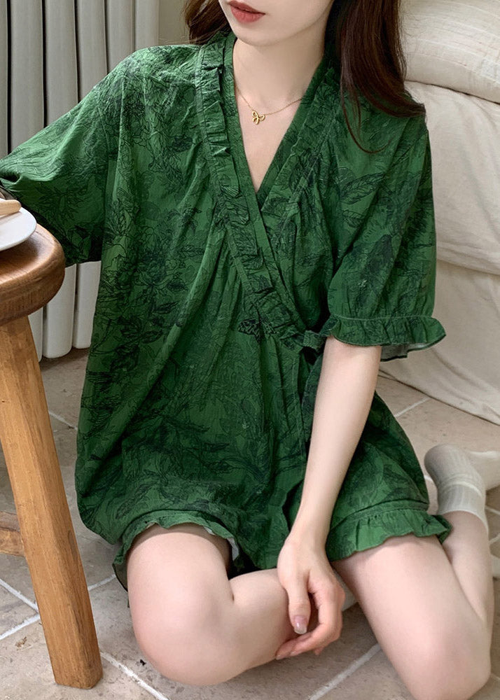 Style Green V Neck Print Pajama Set