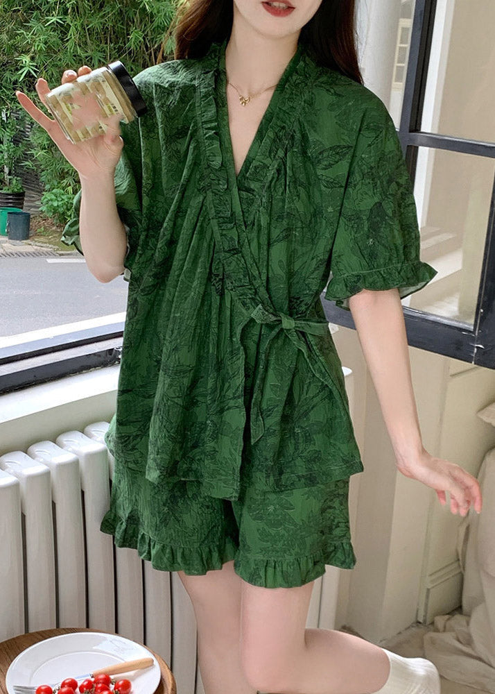 Style Green V Neck Print Pajama Set