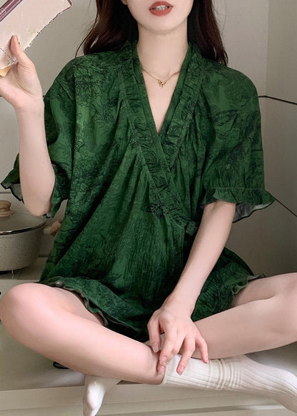 Style Green V Neck Print Pajama Set
