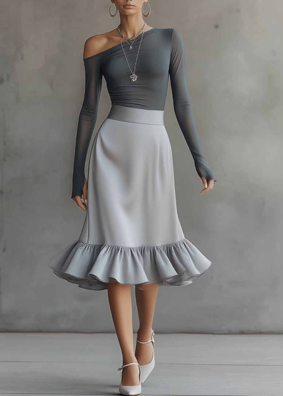 Style Grey Asymmetrical Top And A Line Skirts Two-Piece Set Spring
