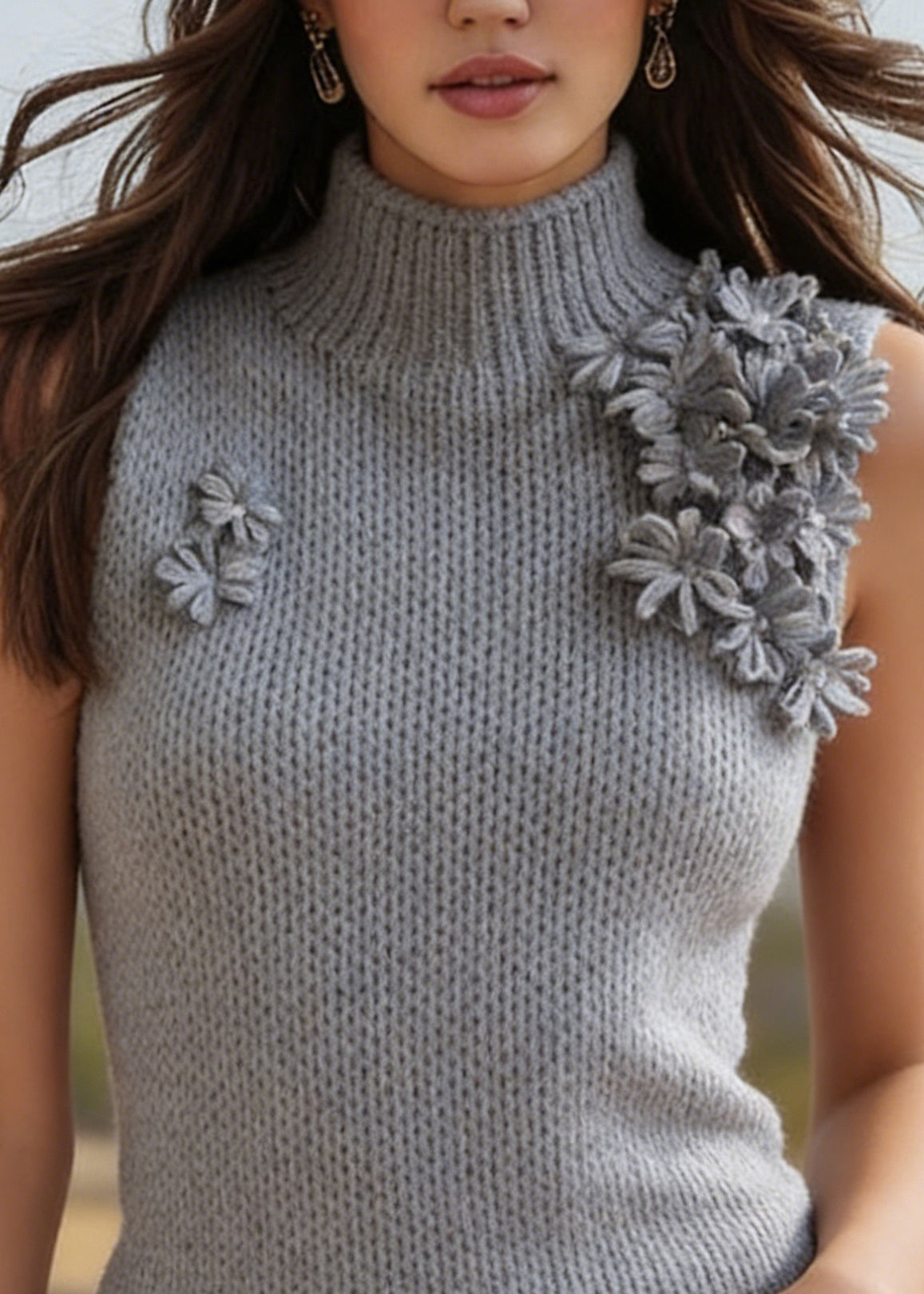 Style Grey Hign Neck Floral Knit Vest Sleeveless