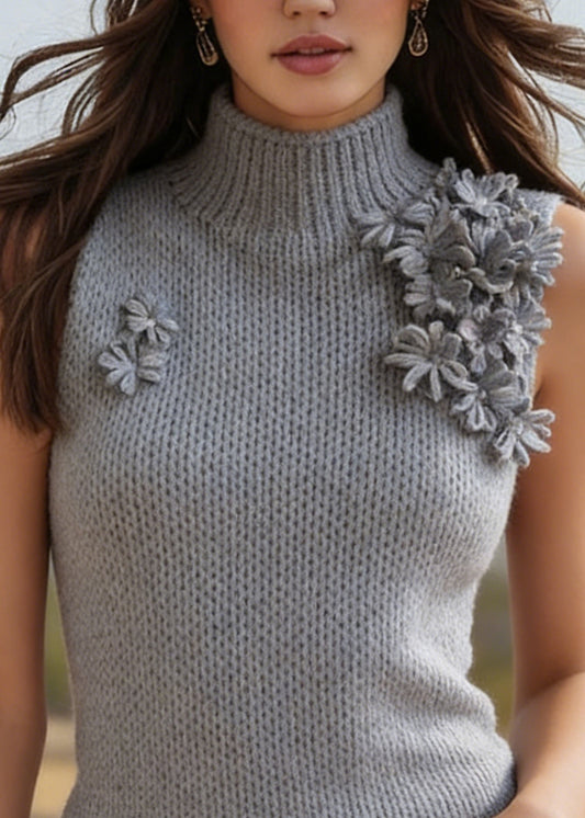 Style Grey Hign Neck Floral Knit Vest Sleeveless