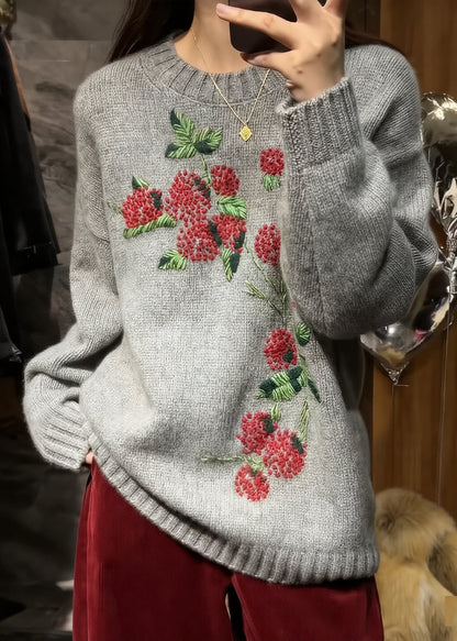 Style Grey O-Neck Embroidered Knit Sweaters Spring
