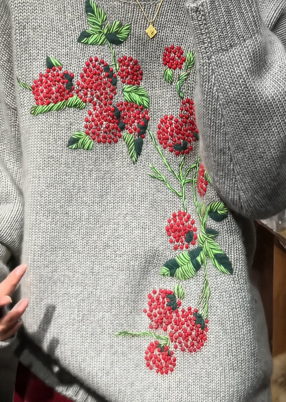 Style Grey O-Neck Embroidered Knit Sweaters Spring