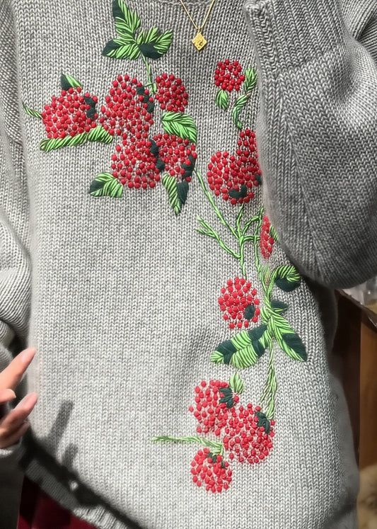 Style Grey O-Neck Embroidered Knit Sweaters Spring