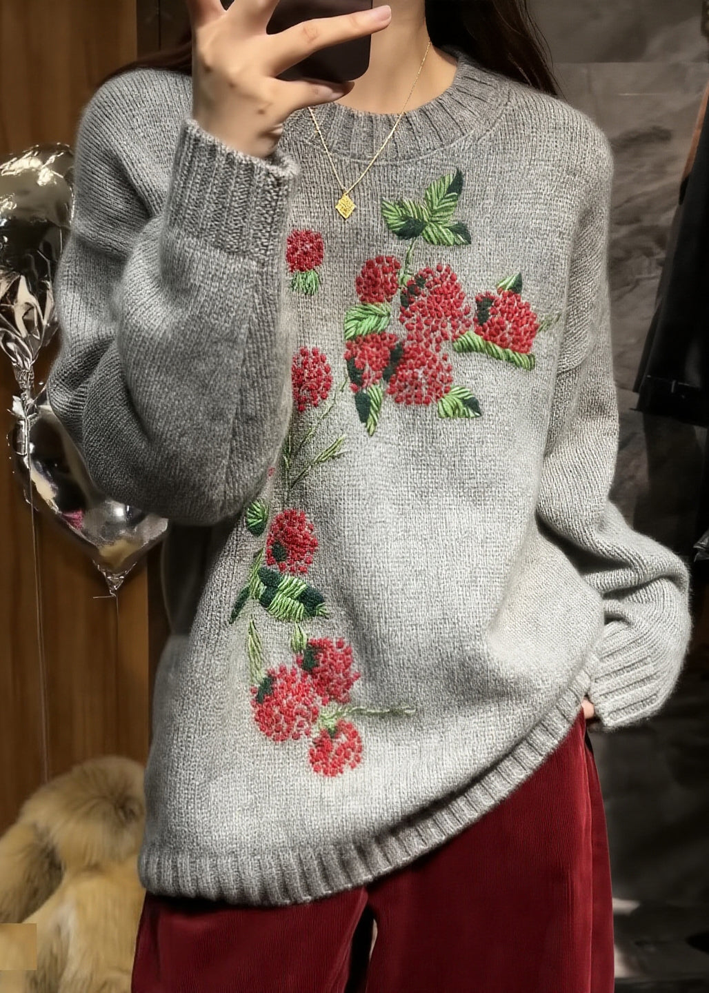 Style Grey O-Neck Embroidered Knit Sweaters Spring