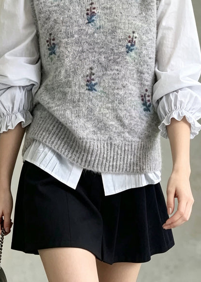 Style Grey O-Neck Embroideried Knit Vest Winter