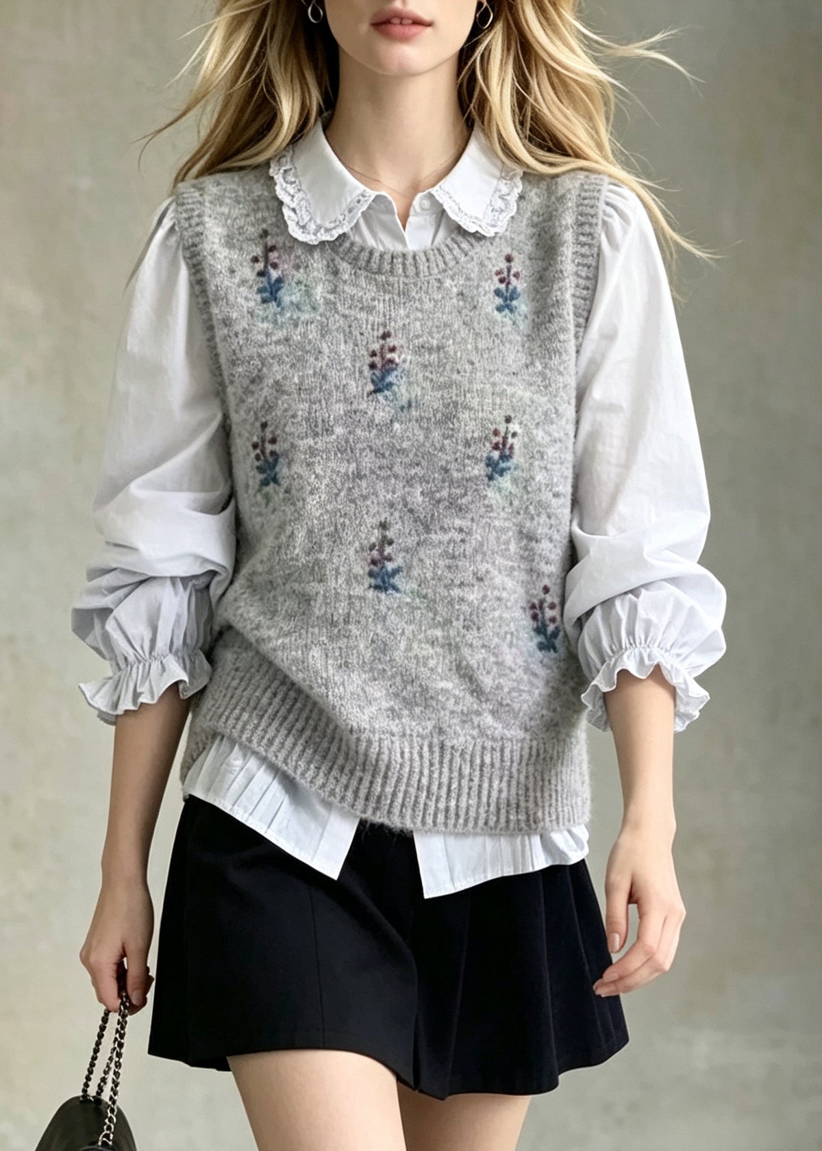 Style Grey O-Neck Embroideried Knit Vest Winter