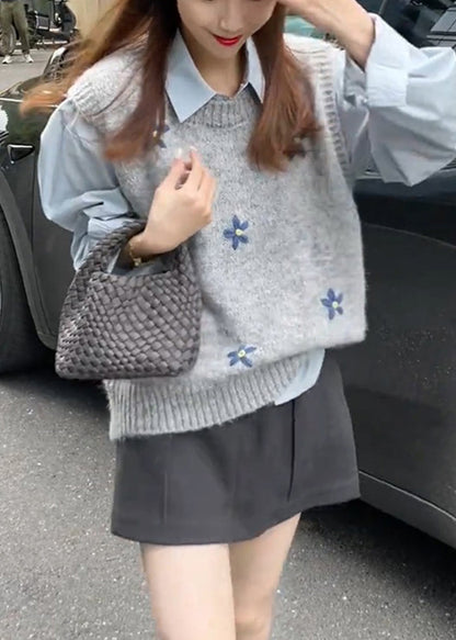 Style Grey O Neck Jacquard Knit Vest Sleeveless