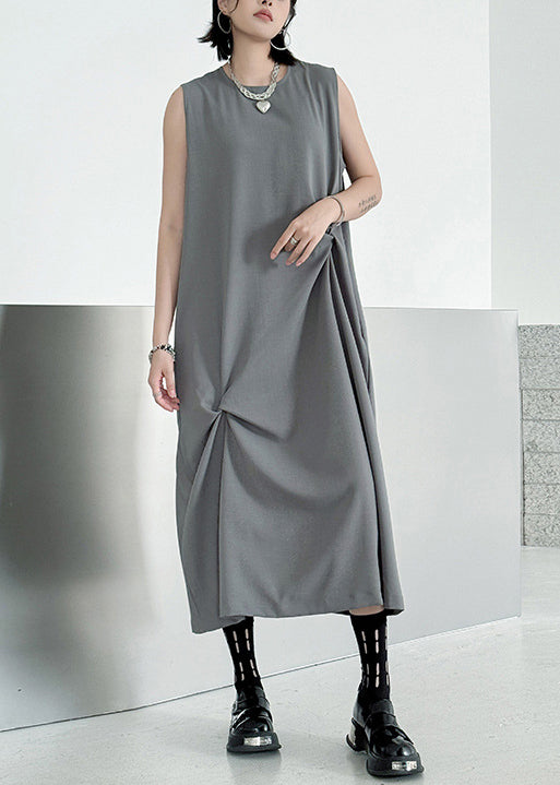 Style Grey O Neck Wrinkled Patchwork Cotton Long Dress Sleeveless