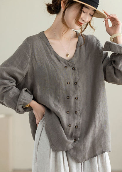 Style Grey Oversized Double Breast Linen Shirt Top Fall