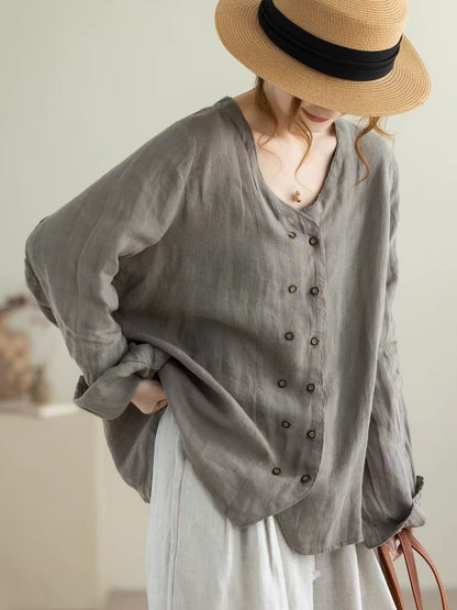 Style Grey Oversized Double Breast Linen Shirt Top Fall