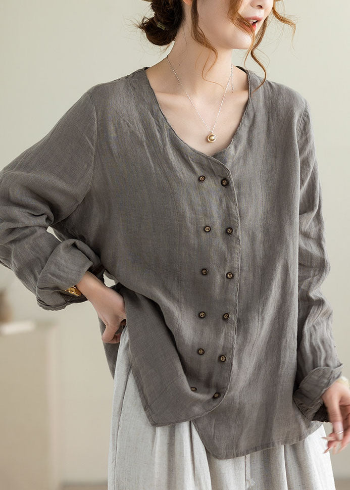 Style Grey Oversized Double Breast Linen Shirt Top Fall