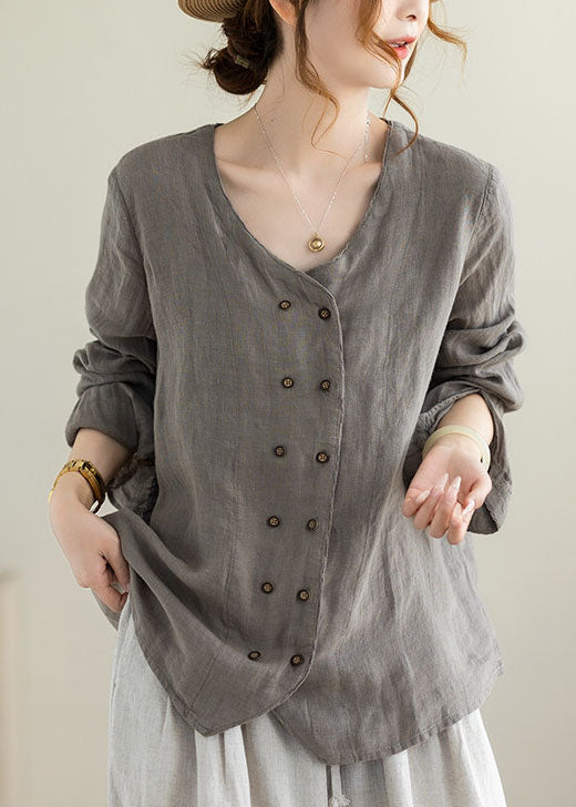 Style Grey Oversized Double Breast Linen Shirt Top Fall