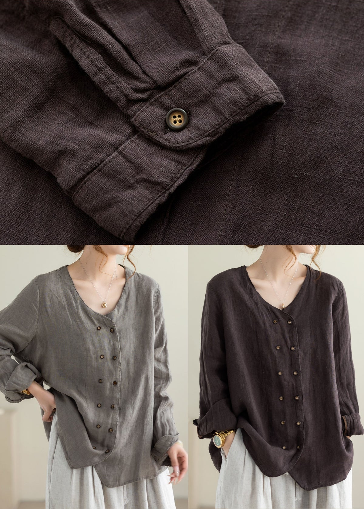 Style Grey Oversized Double Breast Linen Shirt Top Fall