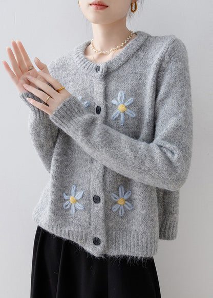 Style Grey Oversized Floral Knit Cardigans Winter