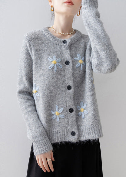Style Grey Oversized Floral Knit Cardigans Winter