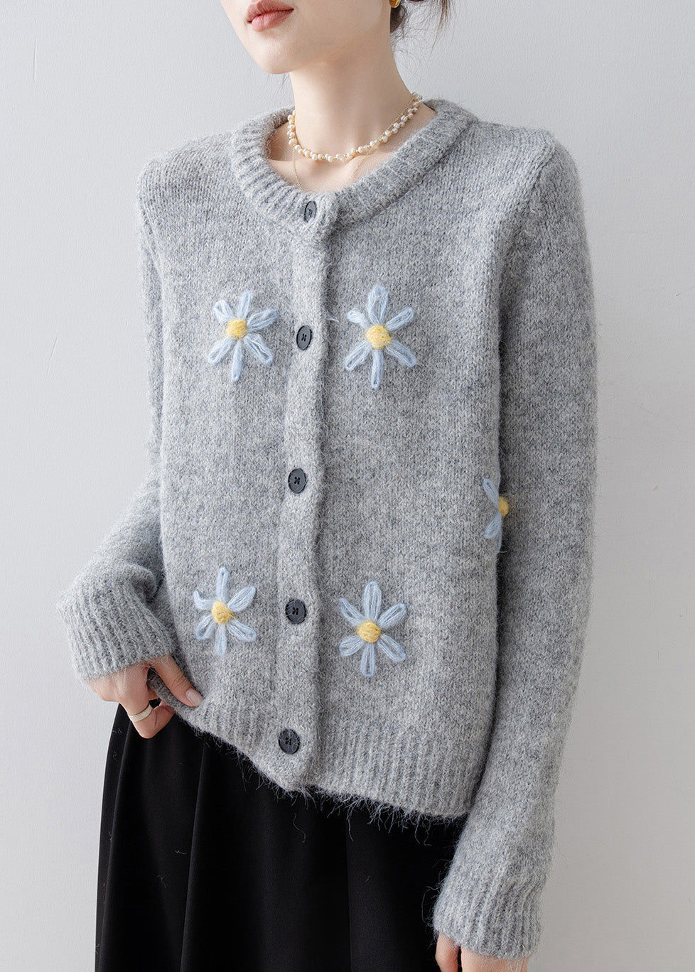 Style Grey Oversized Floral Knit Cardigans Winter