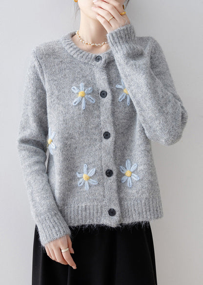 Style Grey Oversized Floral Knit Cardigans Winter