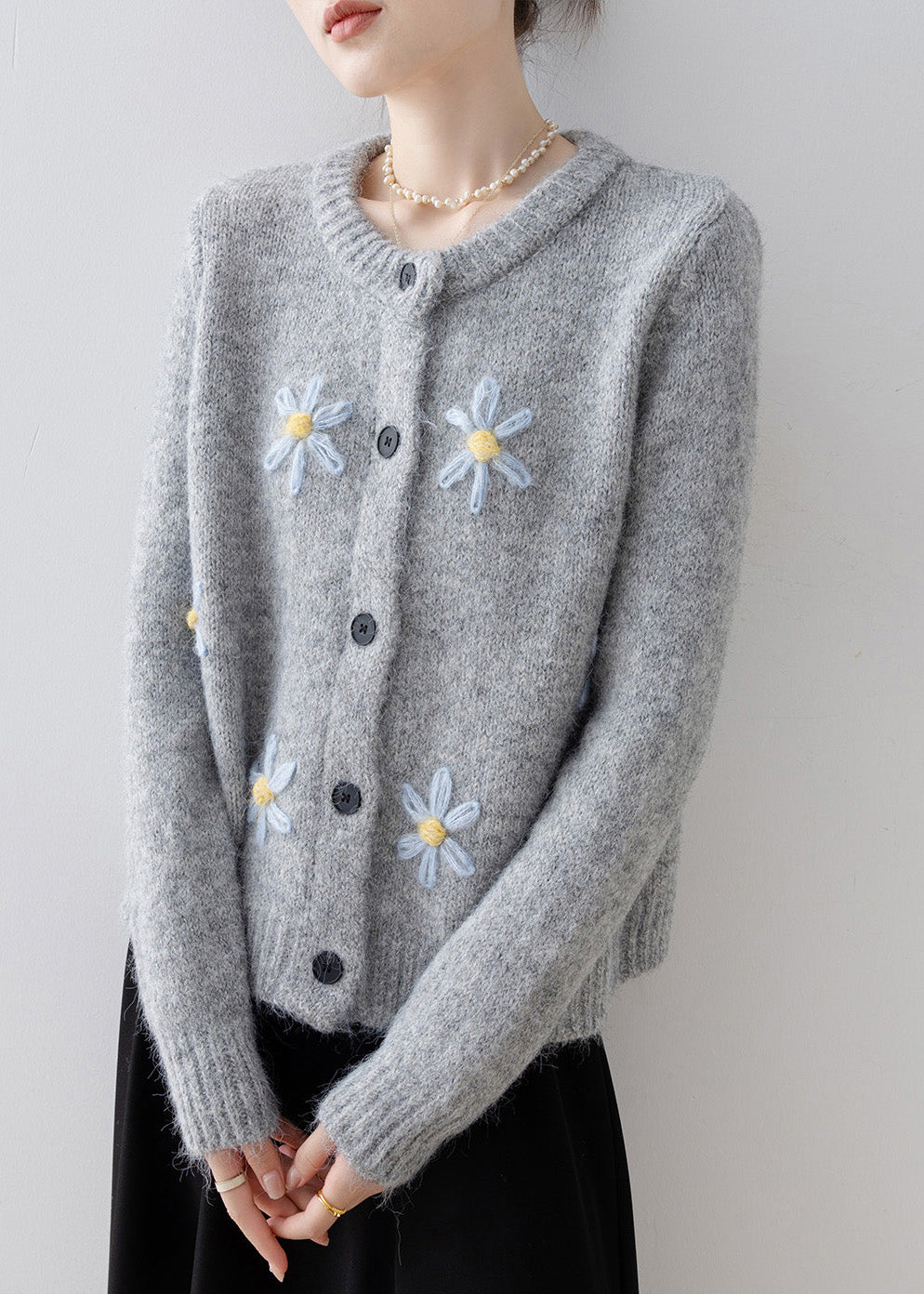 Style Grey Oversized Floral Knit Cardigans Winter