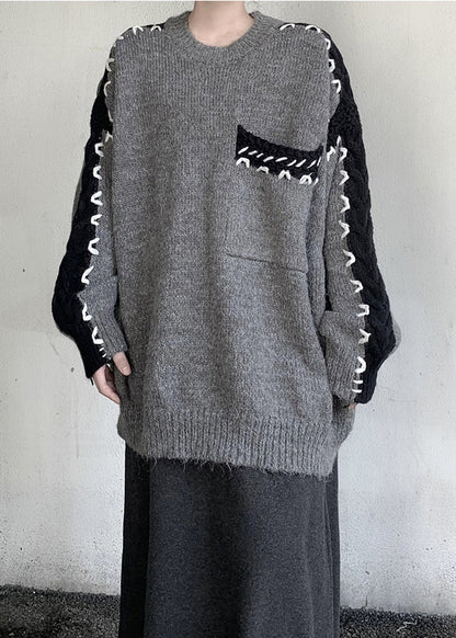 Style Grey Oversized Patchwork Knit Sweater Tops Winter