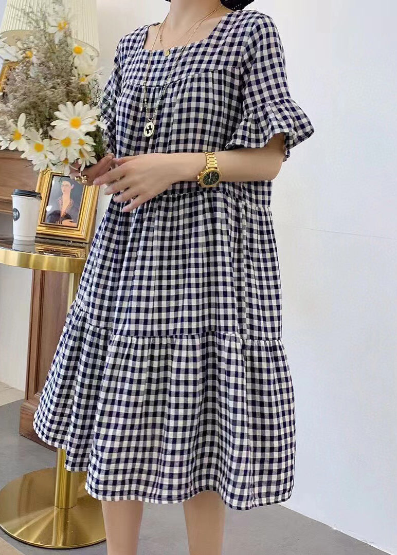 Style Grey Oversized Plaid Cotton Mid Dress Summer
