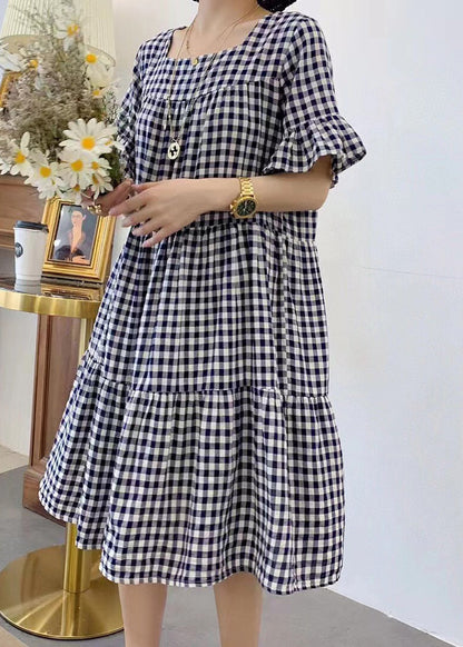 Style Grey Oversized Plaid Cotton Mid Dress Summer