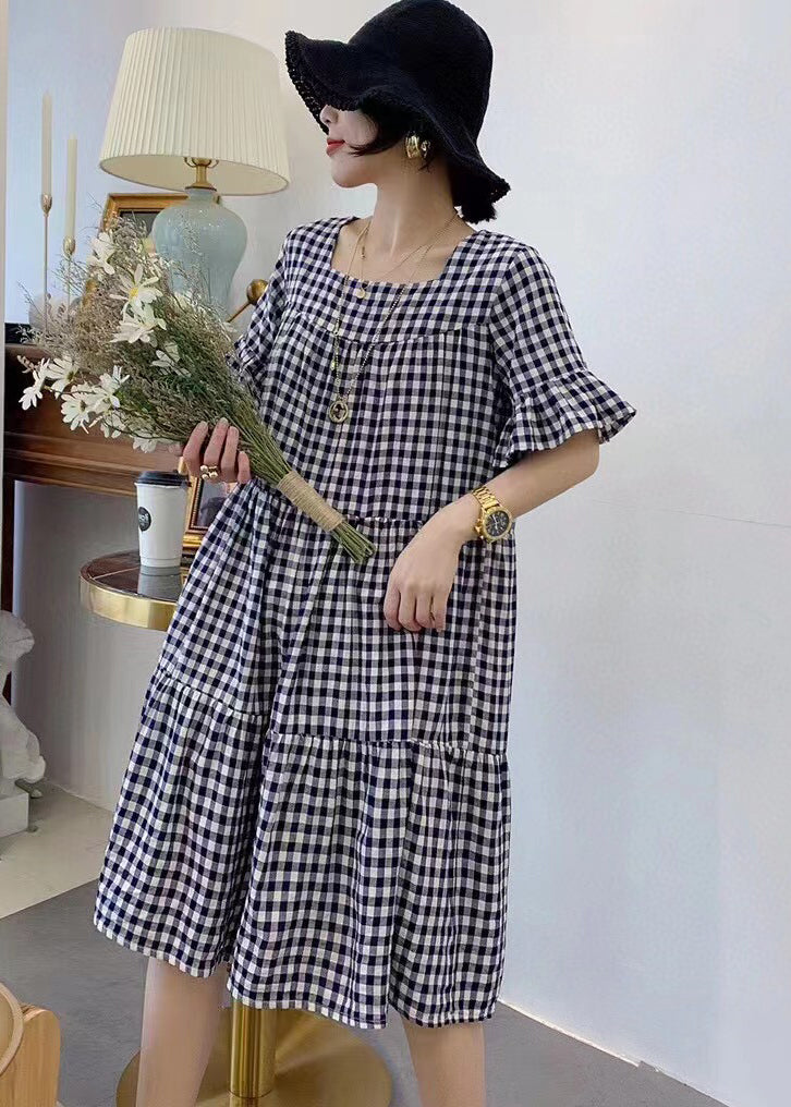 Style Grey Oversized Plaid Cotton Mid Dress Summer