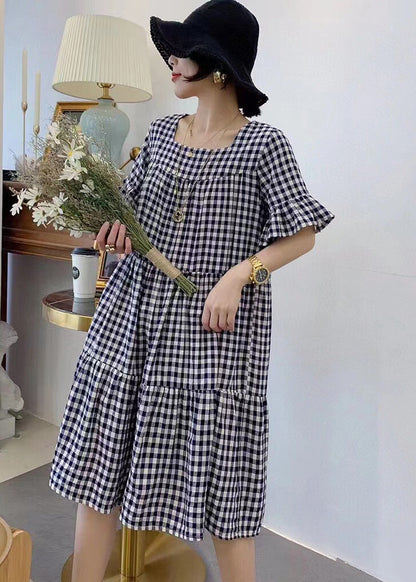 Style Grey Oversized Plaid Cotton Mid Dress Summer