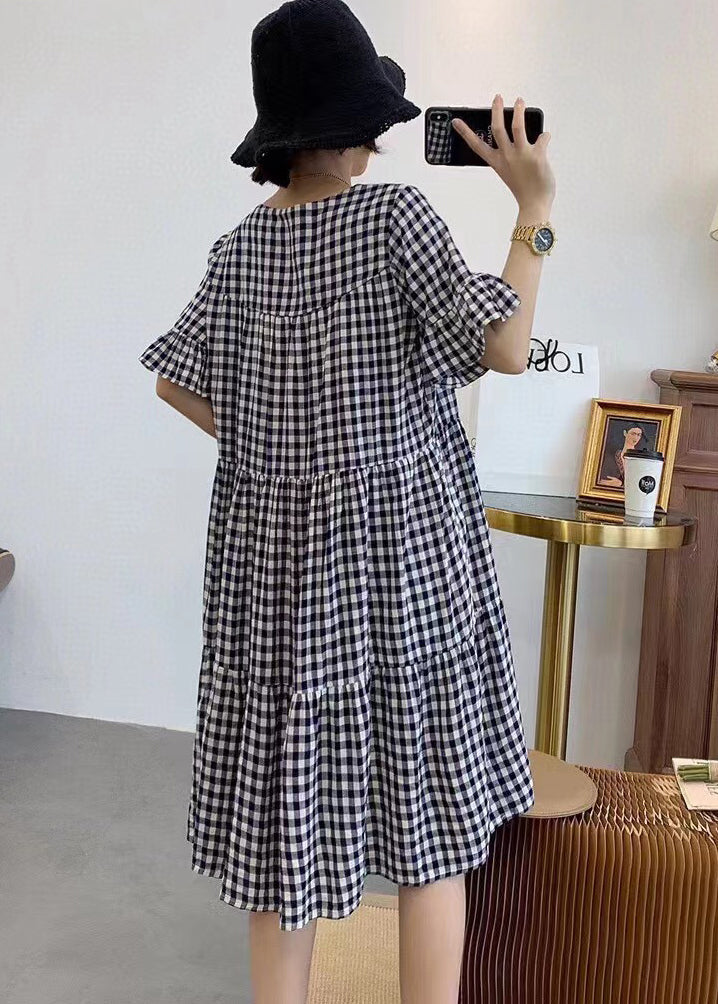 Style Grey Oversized Plaid Cotton Mid Dress Summer