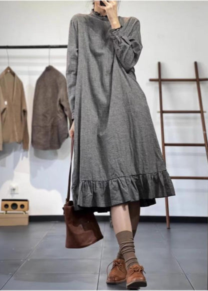 Style Grey Ruffled Patchwork Cotton Maxi Dresses Spring