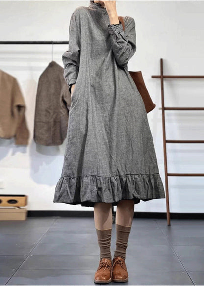 Style Grey Ruffled Patchwork Cotton Maxi Dresses Spring