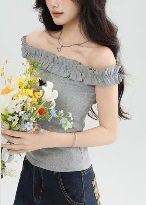 Style Grey Slash Neck Ruffled Short Sleeve Yoga Tops Women