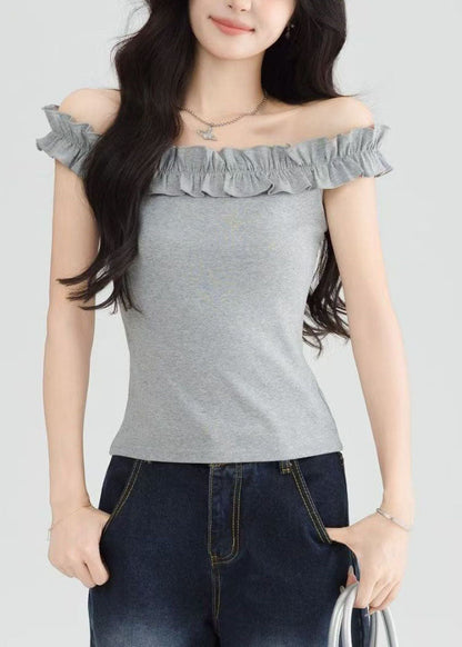 Style Grey Slash Neck Ruffled Short Sleeve Yoga Tops Women
