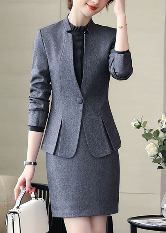 Style Grey V Neck Blazer, Shirts And Skirts Three Piece Set Fall