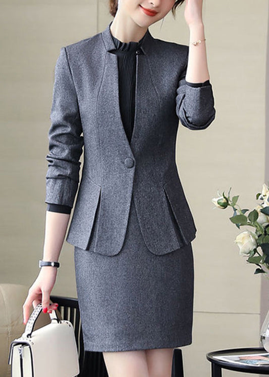 Style Grey V Neck Blazer, Shirts And Skirts Three Piece Set Fall