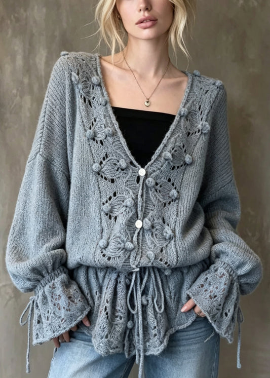 Style Grey V Neck Hollow Out Patchwork Knit Cardigan Flare Sleeve