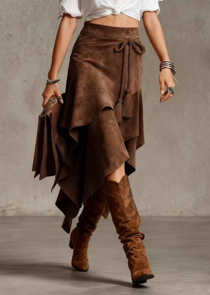 Style Khaki Asymmetrical Lace Up Layered Faux Suede Skirt Fall