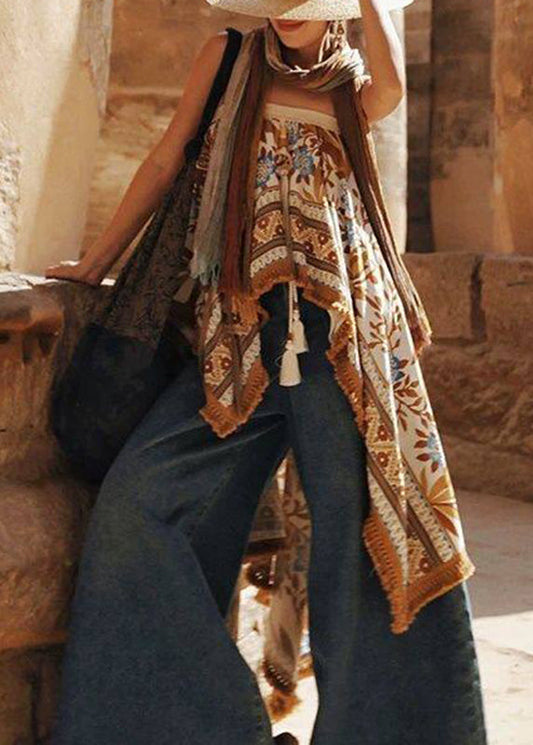 Style Khaki Asymmetrical Print Tassel Top Sleeveless