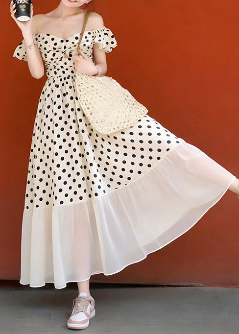 Style Khaki Cold Shoulder Print Chiffon Long Dresses Summer