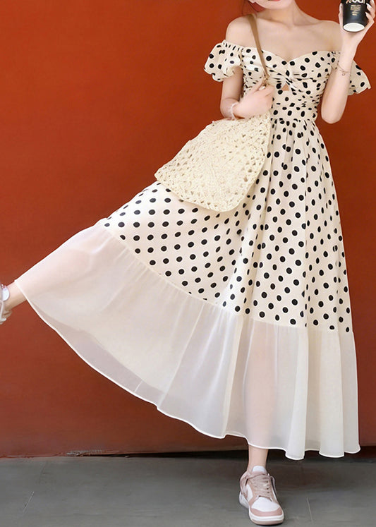 Style Khaki Cold Shoulder Print Chiffon Long Dresses Summer