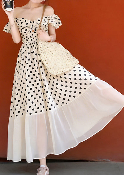 Style Khaki Cold Shoulder Print Chiffon Long Dresses Summer