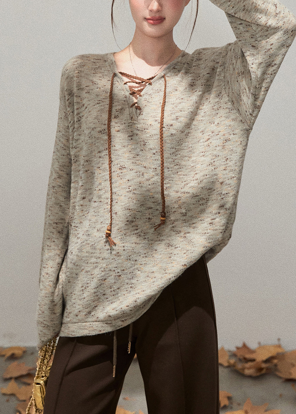Style Khaki Oversized Knit Sweatshirt Fall